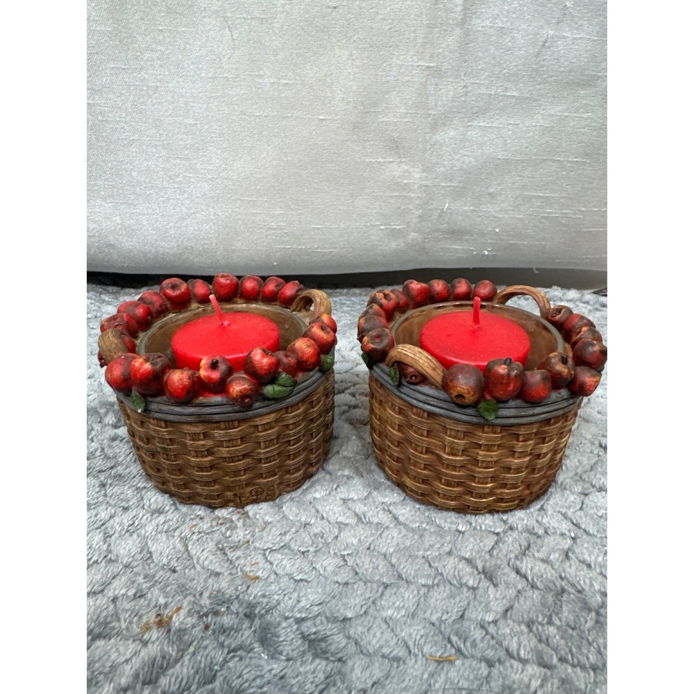 Homespun Country Apple Basket Votive‎ Candle Holders Set of 2 Red Rustic Fall